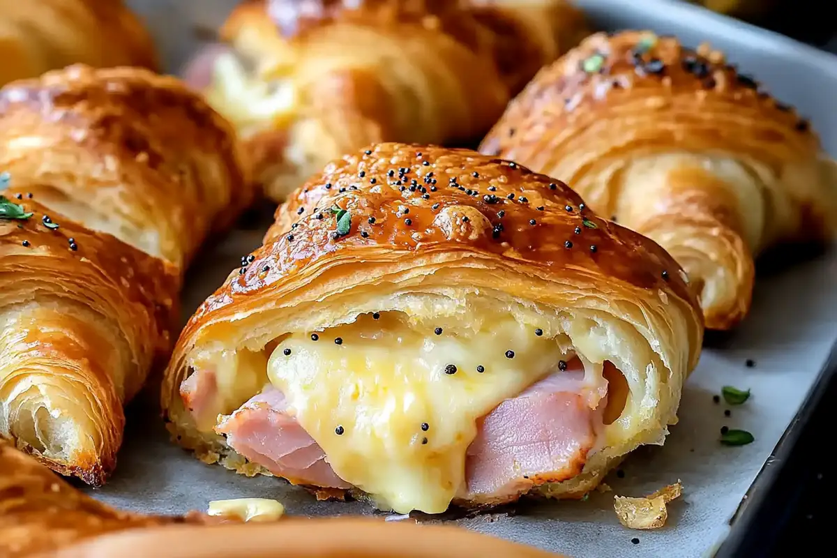 Baked Ham and Cheese Croissants 19 These Baked Ham and Cheese Croissants are buttery, flaky, and packed with melty cheese and savory ham. Perfect for breakfast and quick snack!