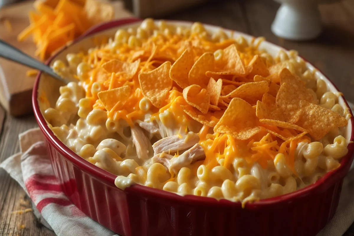 Doritos Mac and Cheese Casserole with Chicken 39 This Doritos Mac and Cheese Casserole with Chicken is rich, creamy, and topped with crunchy nacho cheese Doritos. The perfect comfort food !