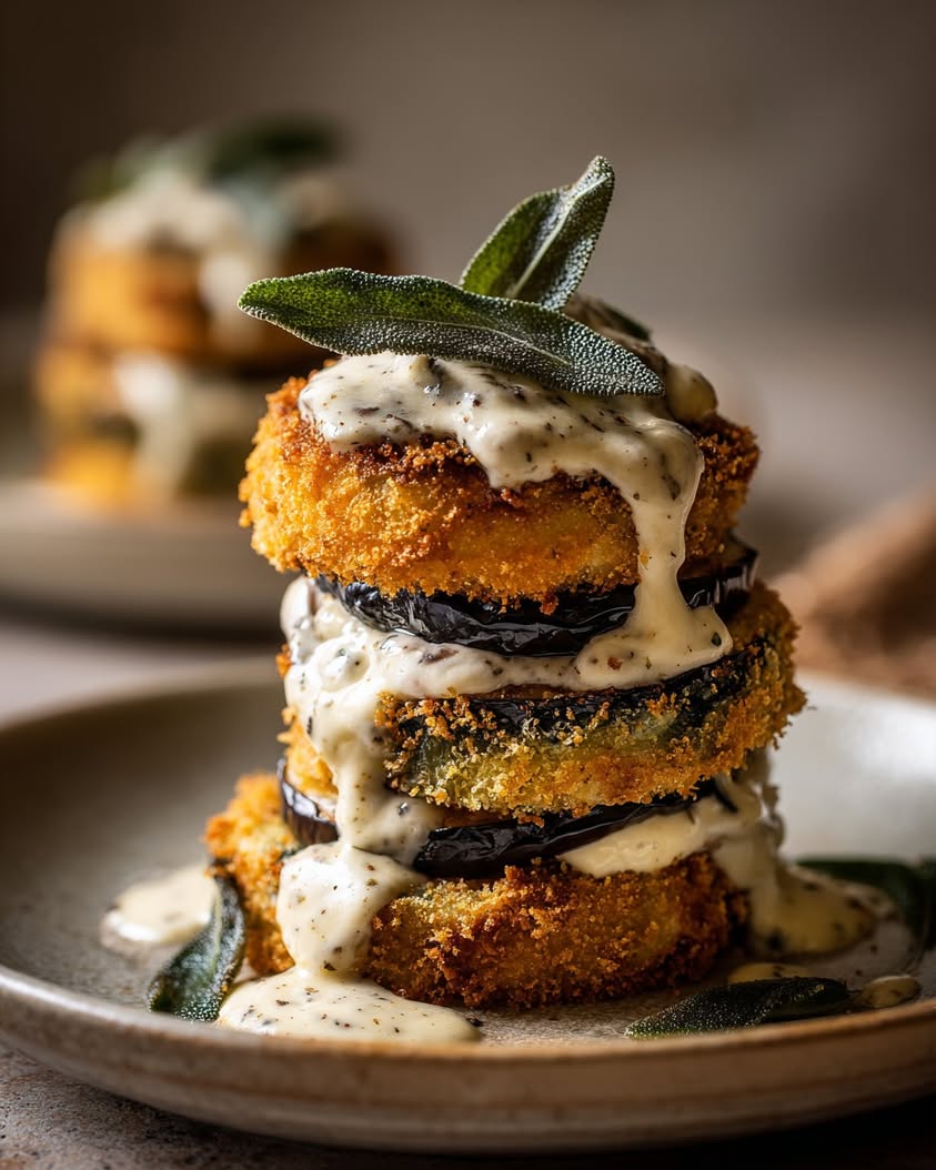 Decadent Eggplant Burrata Towers with Truffle Mushroom Cream Delight 15 crispy eggplant burrata towers