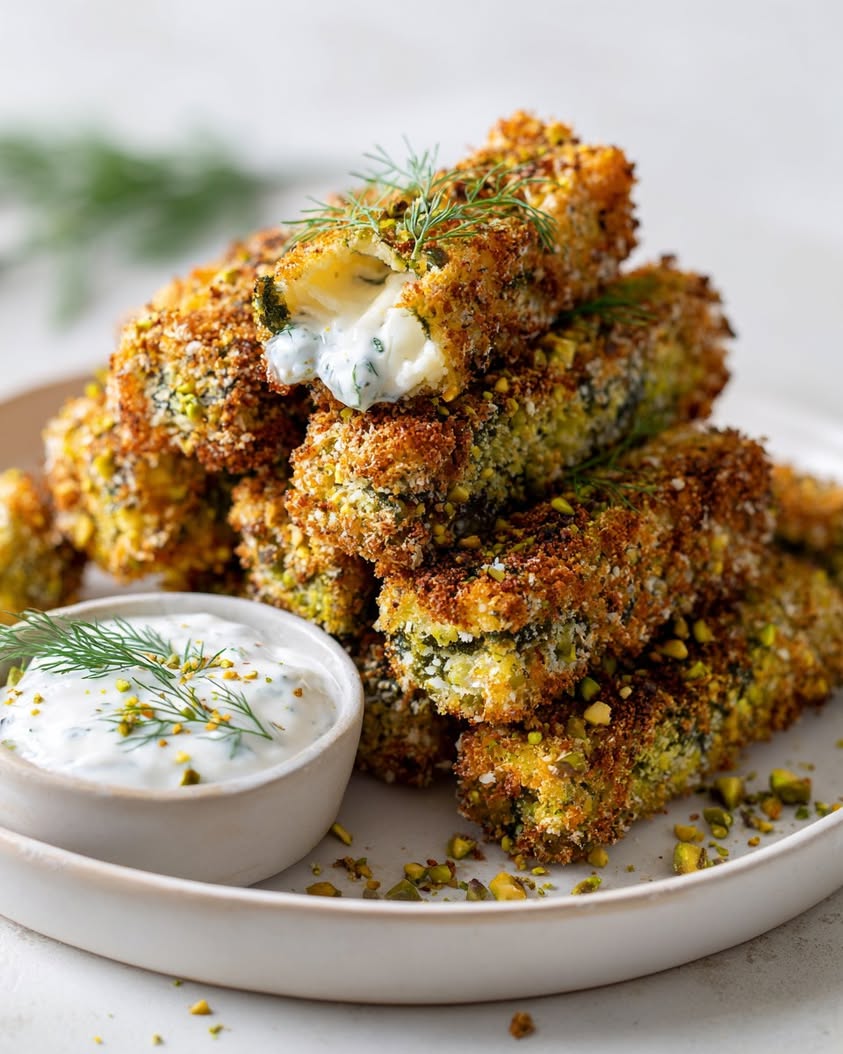 Irresistible Pistachio-Crusted Feta Sticks with Creamy Dill Yogurt Dip 12 pistachio crusted feta sticks dip