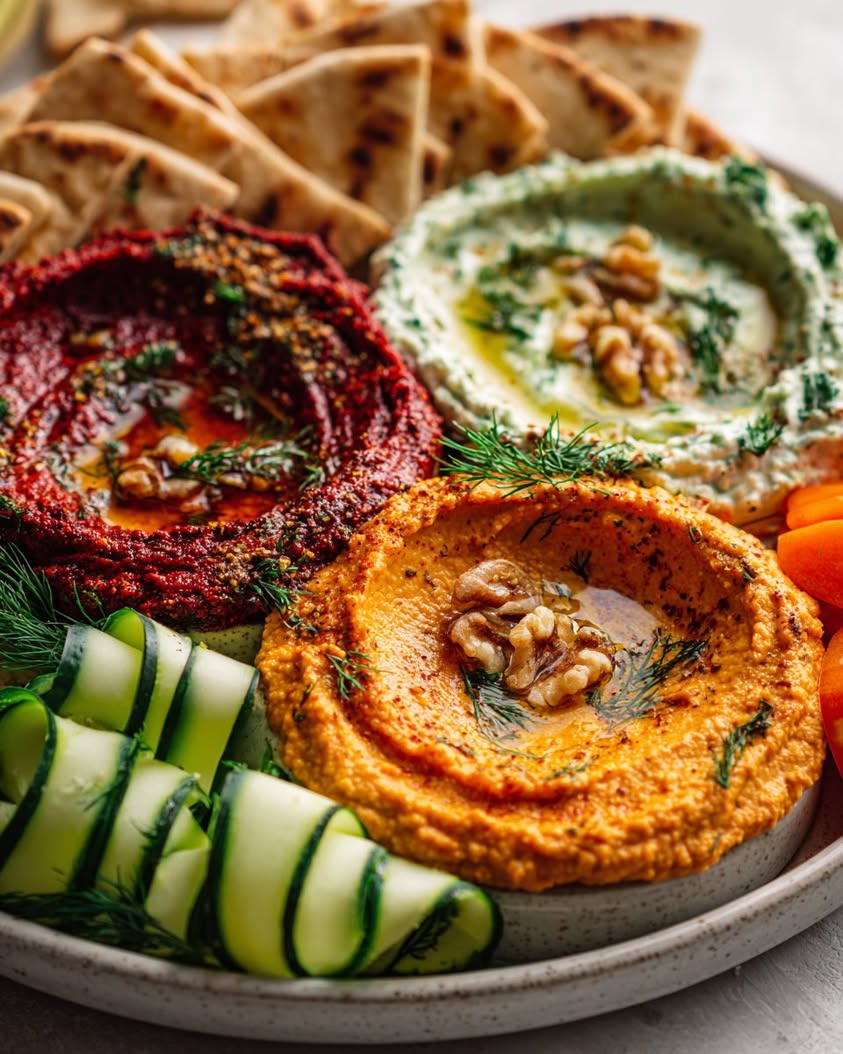 Colorful Tricolore Dip Platter: Muhammara, Carrot Hummus & Tzatziki Delight 13 tricolore dip platter recipe