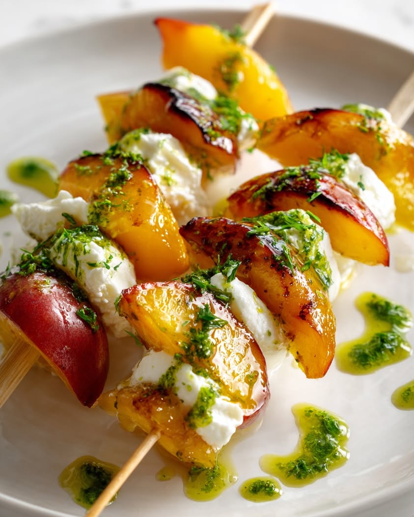 Irresistible Burrata and Caramelized Peach Skewers with Basil Oil 12 burrata caramelized peach skewers