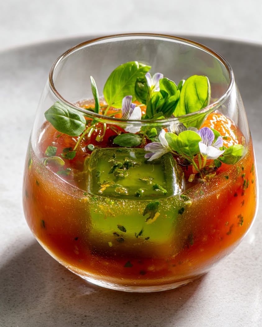 Refreshing Chilled Tomato Broth with Basil Oil Cubes Recipe 19 chilled tomato broth basil oil