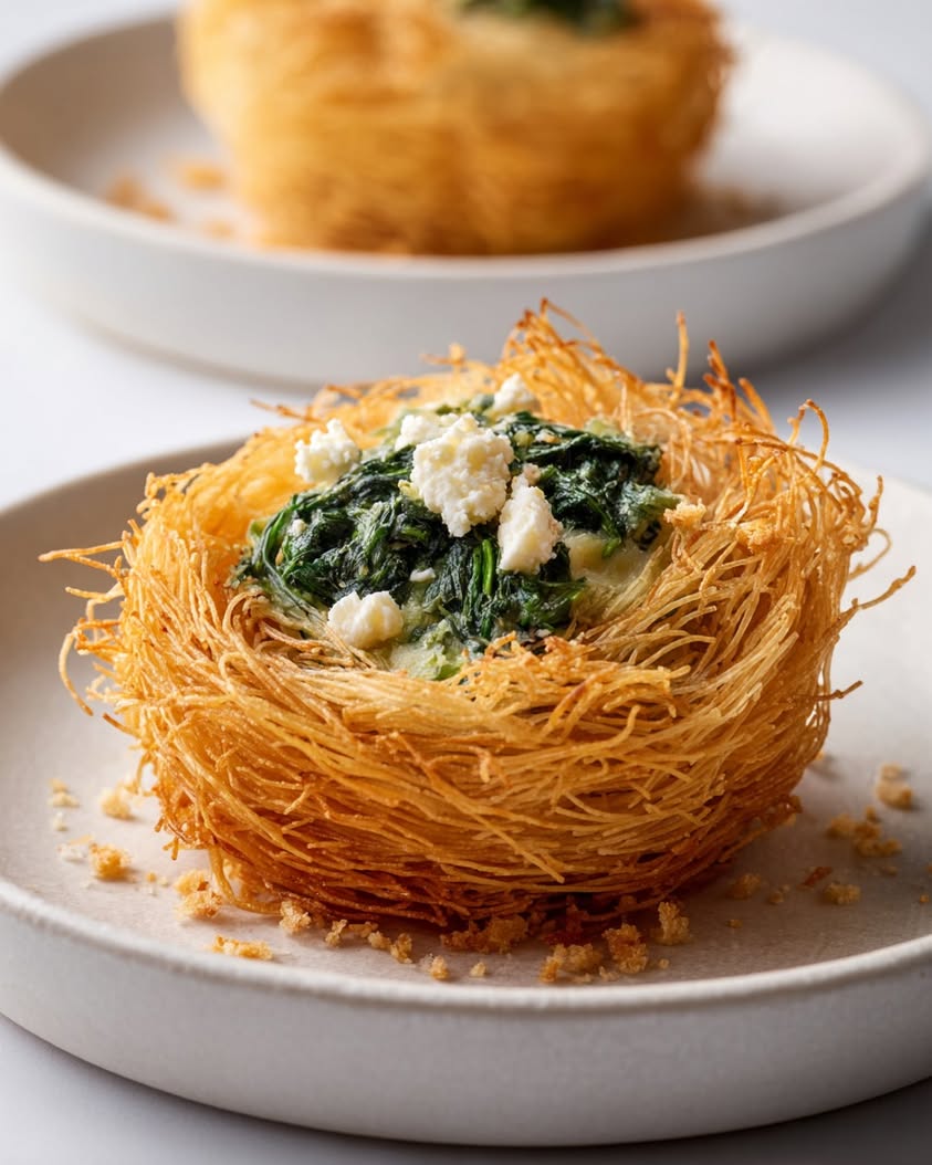 Crispy Kataifi Nests with Spinach and Feta Melt Recipe 19 crispy kataifi nest spinach feta