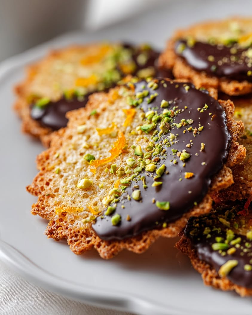 Irresistible Dark Chocolate Florentines with Pistachio and Orange Zest Recipe 16 dark chocolate florentines pistachio orange