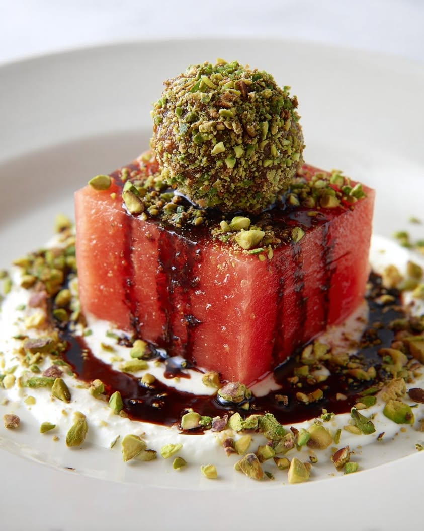 Frozen Watermelon Cubes with Pistachio Cheese Truffle & Balsamic Glaze 16 frozen watermelon pistachio balsamic truffle