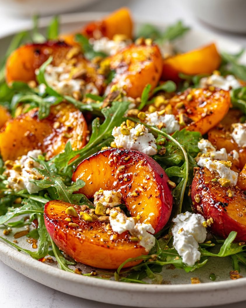 Delightful Roasted Peach and Pistachio Salad Featuring Honey Ricotta 16 roasted peach pistachio salad honey