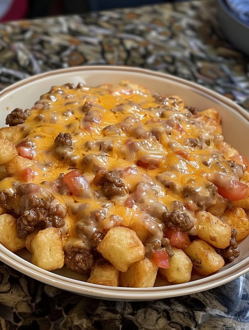 Easy Tater Tot Casserole with Velveeta and Rotel 11 tator tots velvetta beef rotel