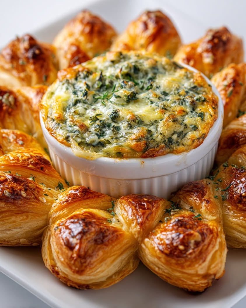 Delicious Tear & Share Puff Pastry Bloom with Spinach-Artichoke Center 11 tear share puff pastry bloom