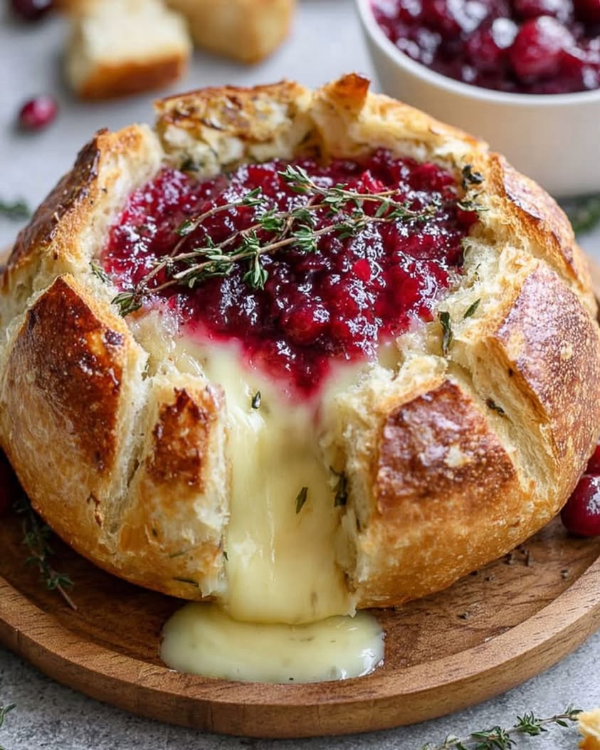 Easy Baked Brie in a Bread Bowl with Cranberry and Thyme 3 baked brie bread bowl cranberry