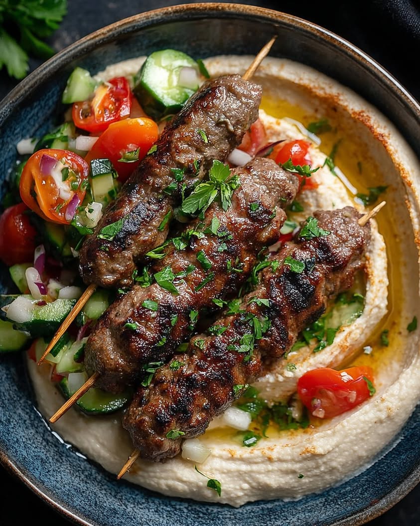 Easy Beef Kefta with Hummus and a Fresh Tomato Cucumber Salad 3 beef kefta hummus tomato salad