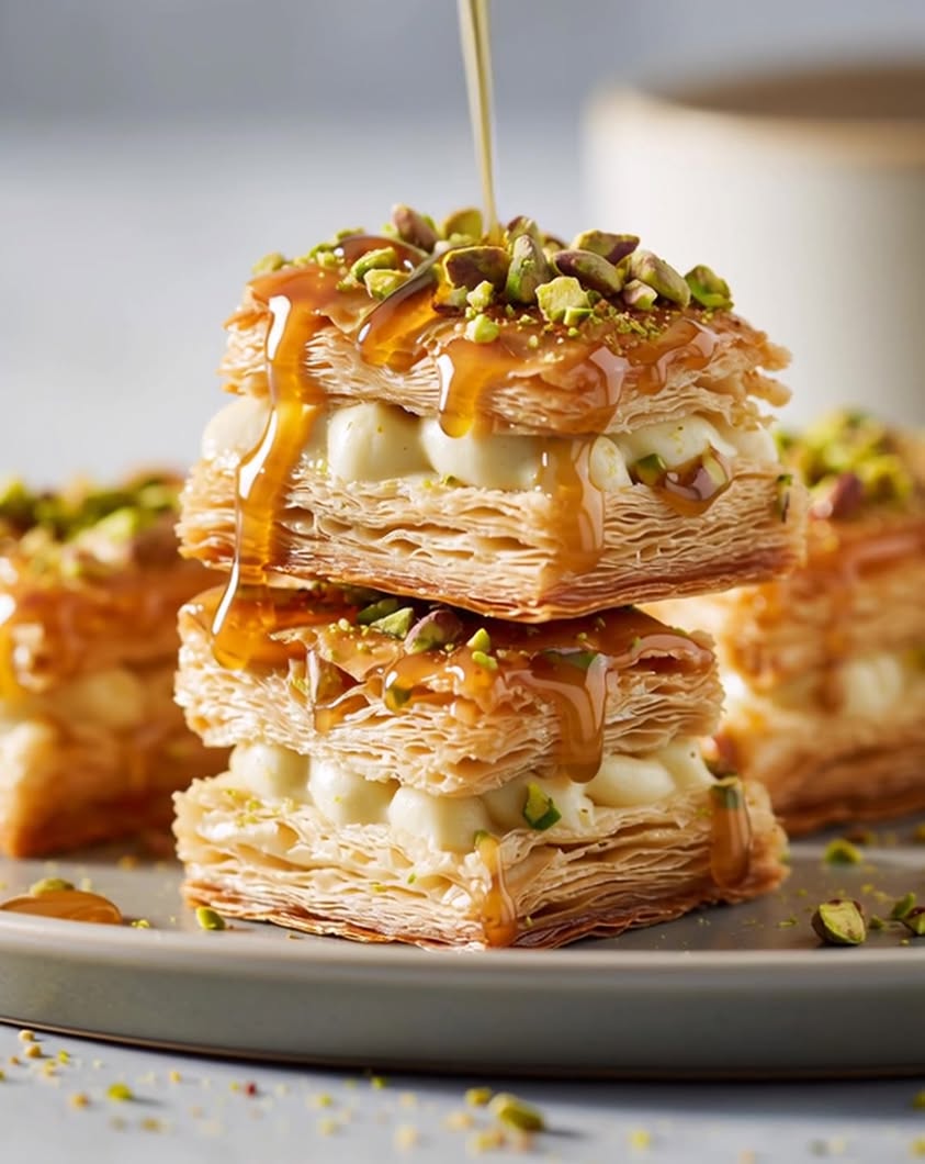 Tiny Towers of Bliss: Caramel Pistachio Mille-Feuille Bites Recipe 3 caramel pistachio mille feuille bites