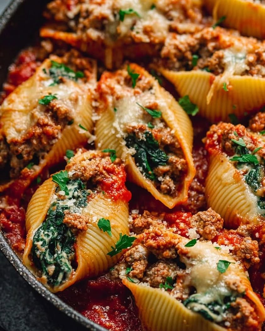 Cheesy Ground Turkey and Spinach Stuffed Shells Recipe 3 cheesy ground turkey stuffed shells
