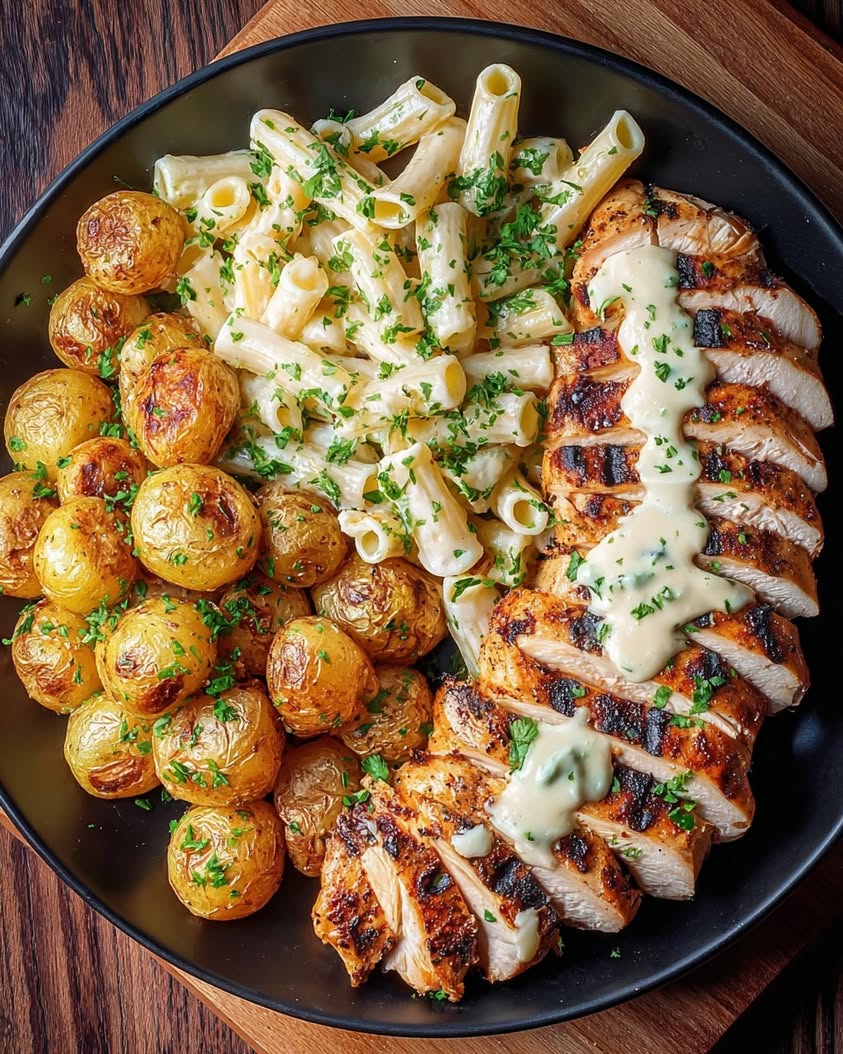 Creamy Mac & Cheese with Grilled Chicken and Roasted Potatoes 3 creamy mac cheese grilled chicken