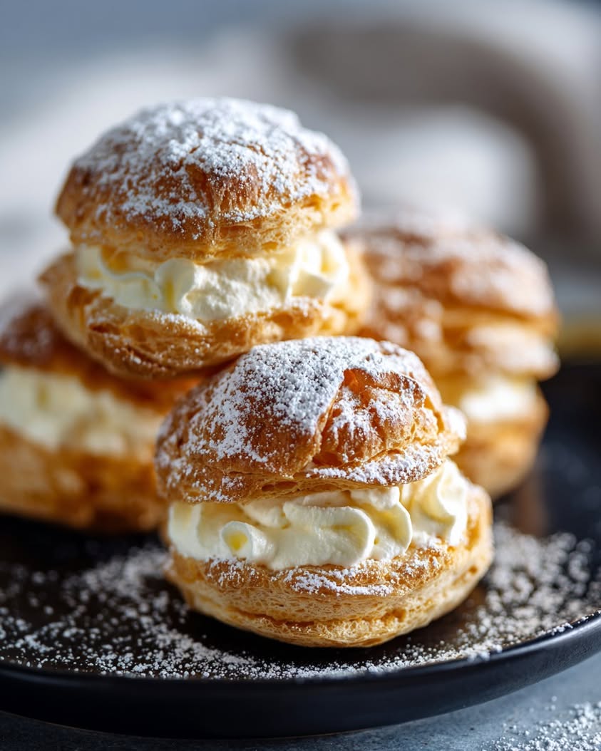 Fluffy Mascarpone Cream Puffs: A Golden Cloud Dessert 3 fluffy puff mascarpone cream towers