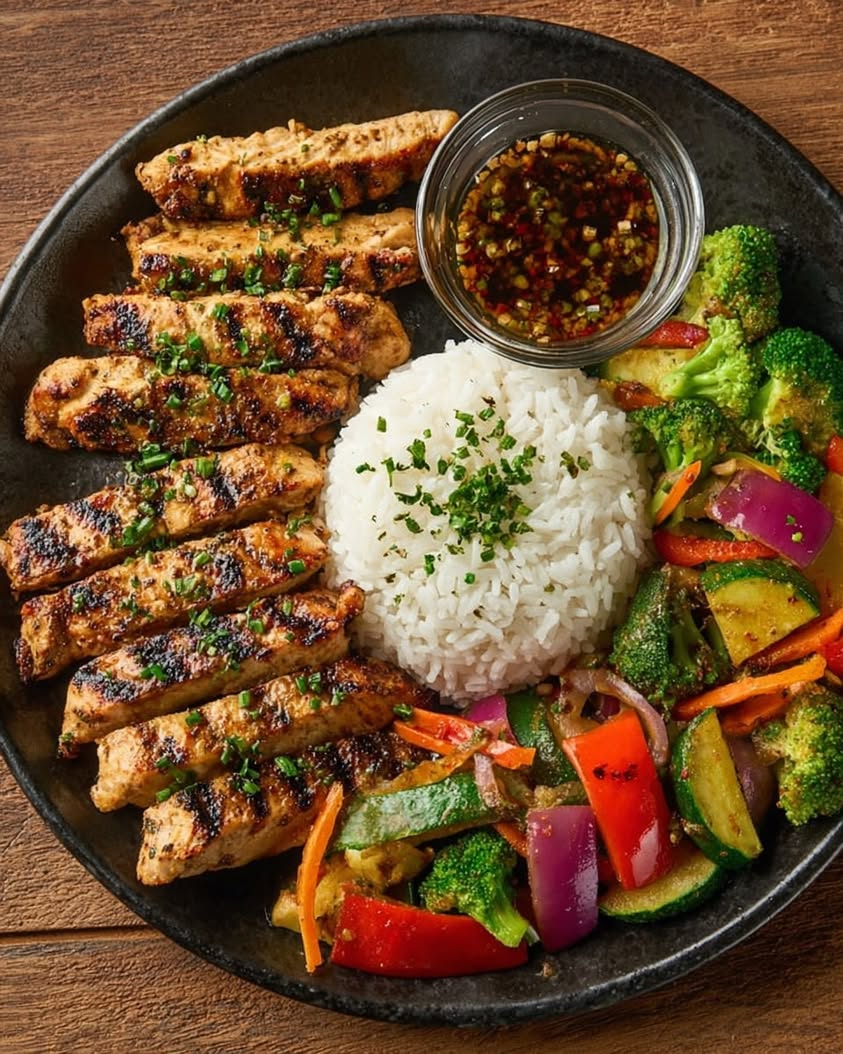 Grilled Chicken with Jasmine Rice and Chili-Soy Veggie Stir-Fry 3 grilled chicken jasmine rice stir fry