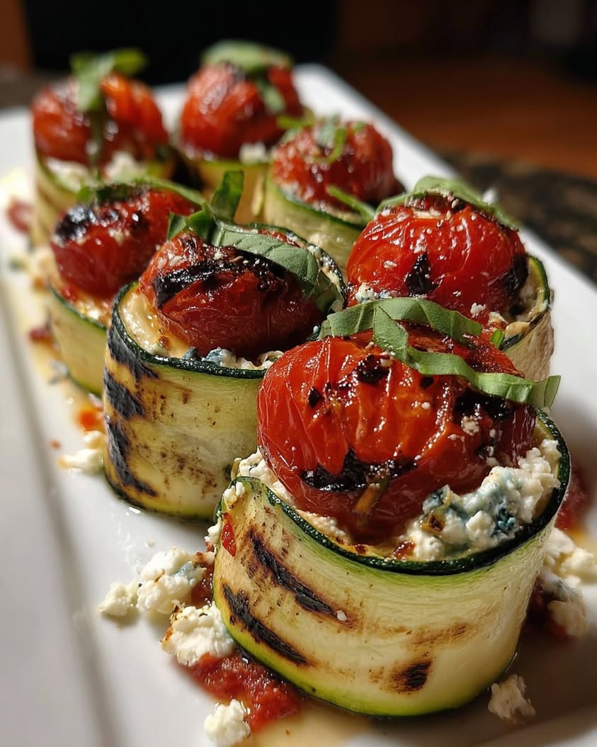 Grilled Zucchini Rollups with Lemon-Basil Ricotta and Roasted Tomatoes 3 grilled zucchini rollups lemon basil ricotta
