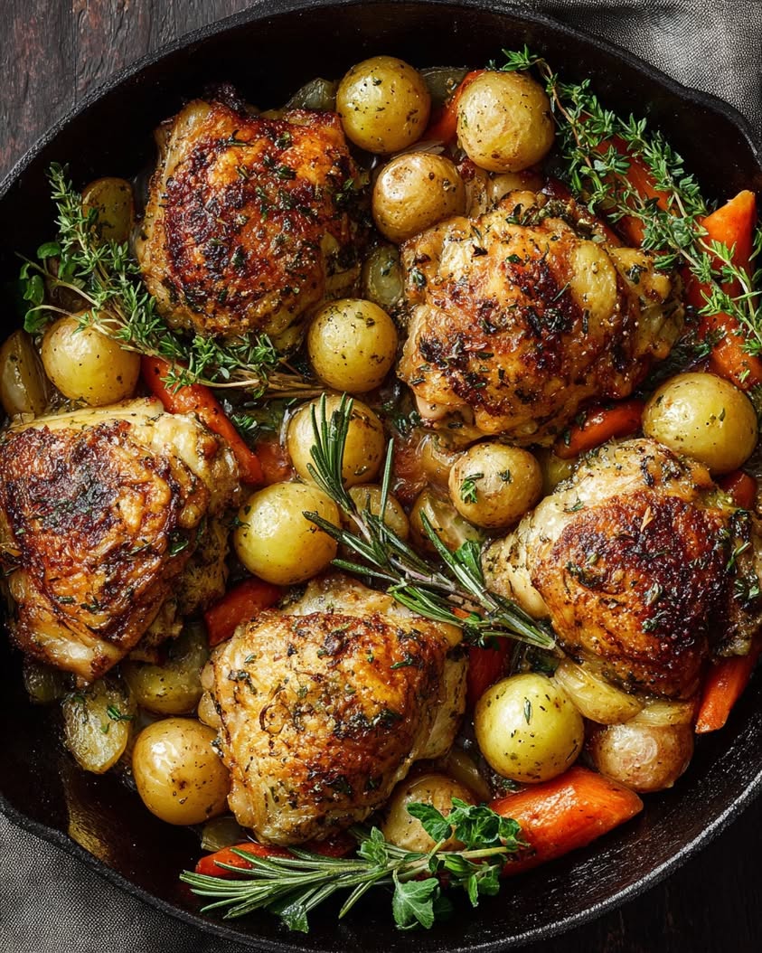 Crispy Herb-Roasted Chicken Thighs with Potatoes and Carrots 3 herb roasted chicken thighs potatoes carrots