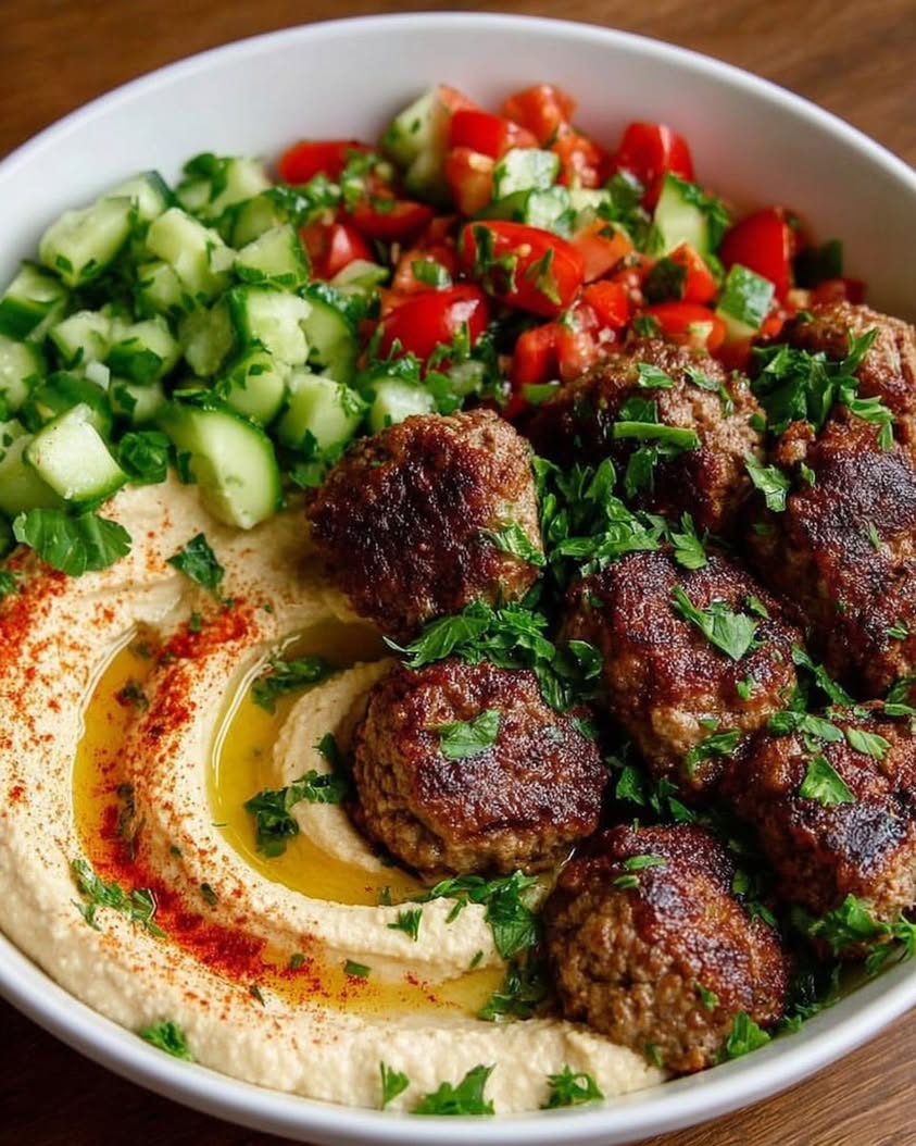 Easy Mediterranean Hummus Bowl with Lamb or Beef Meatballs 3 mediterranean hummus bowl meatballs