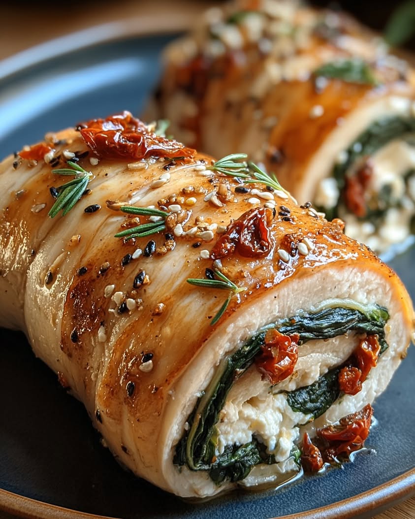 Feta and Spinach Stuffed Chicken Roll Ups with Sun-Dried Tomatoes 3 rolled chicken feta spinach sun dried tomatoes
