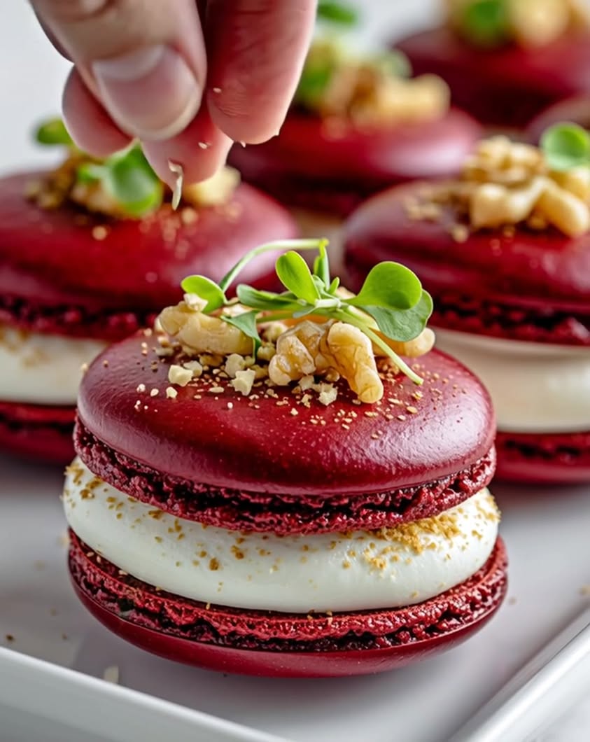 Savory Beet Macarons with Goat Cheese and Walnut Crunch 3 savory beet macarons goat cheese