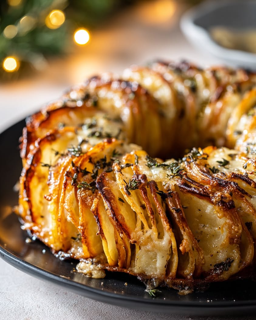 Wreath-Shaped Scalloped Potato and Sweet Potato Bake 3 sliced potato sweet potato wreath