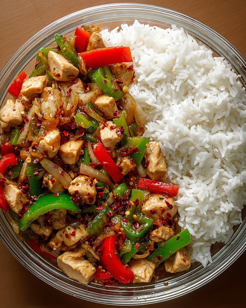 Spicy Chicken Stir-Fry with Bell Peppers and Rice Recipe 3 spicy chicken stir fry rice