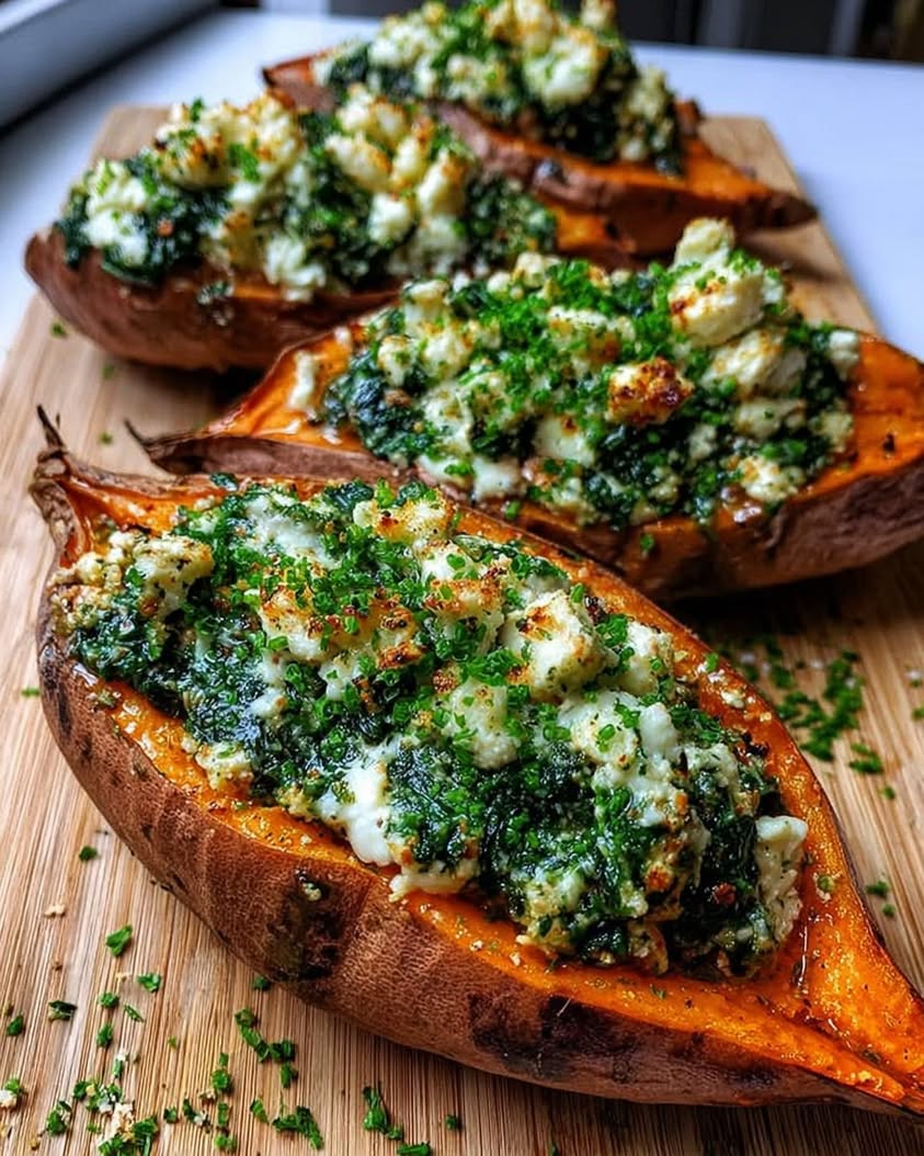 Spinach & Ricotta Stuffed Sweet Potatoes with a Creamy Herb Drizzle 3 spinach ricotta stuffed sweet potatoes