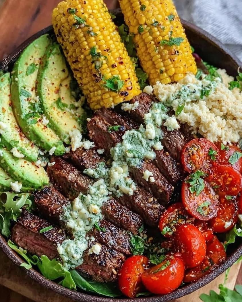 Steak and Avocado Bowl with Roasted Corn and Cilantro Cream 3 steak avocado roasted corn bowl