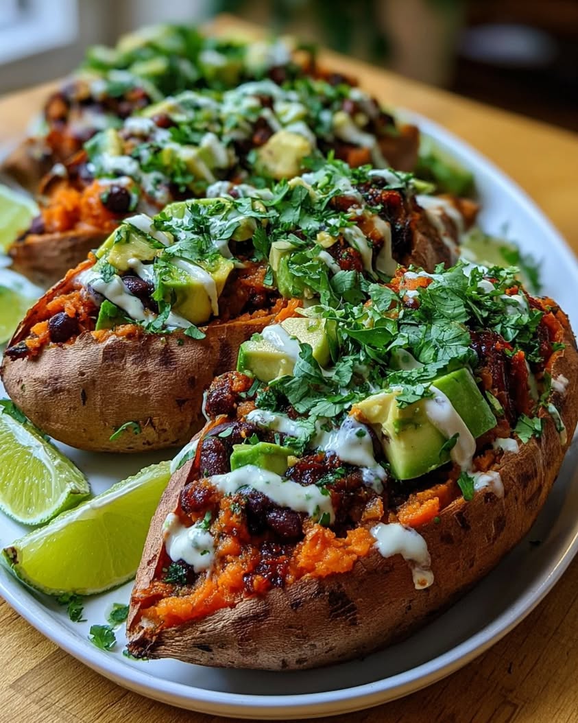 Stuffed Sweet Potatoes with Chipotle Black Beans and Cilantro Crema 3 stuffed sweet potatoes chipotle black beans
