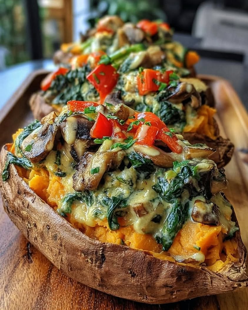 Stuffed Sweet Potatoes with Spinach, Mushroom, and Lemon Tahini Dressing 3 stuffed sweet potatoes spinach mushroom feta