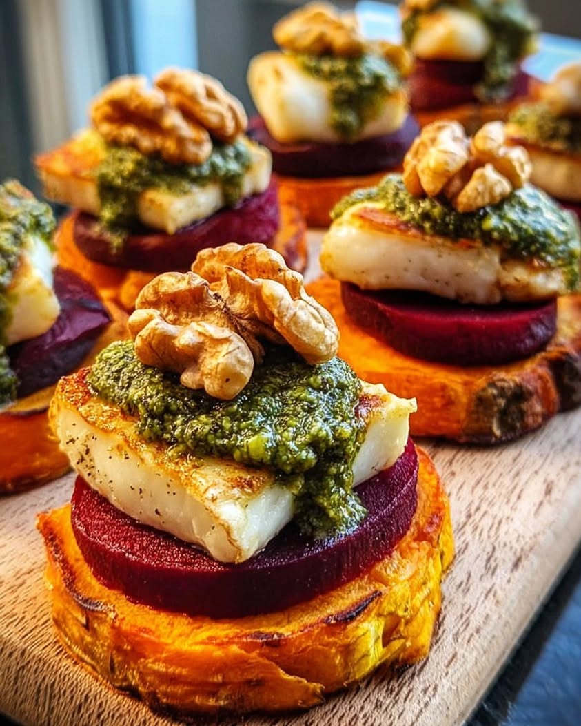 Sweet Potato Rounds with Halloumi, Beets, and Walnut Pesto 3 sweet potato halloumi beet pesto