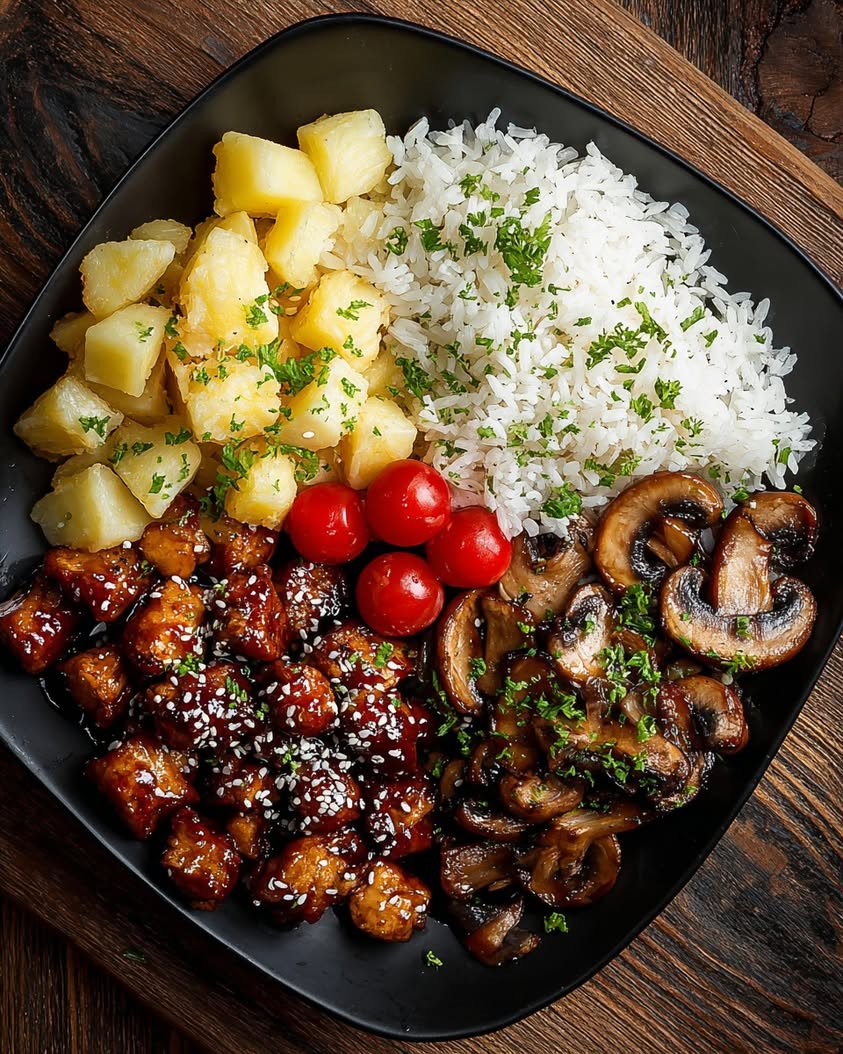 Easy Teriyaki Chicken Bowl with Garlic Mushrooms and Pineapple 3 teriyaki chicken bowl mushrooms pineapple