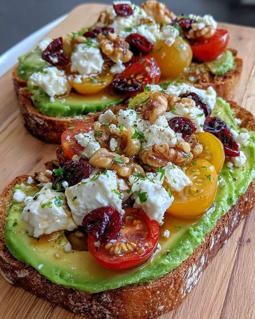 Avocado Toast with Feta, Tomatoes, Cranberries, and Walnuts 20 avocado toast feta cherry tomatoes