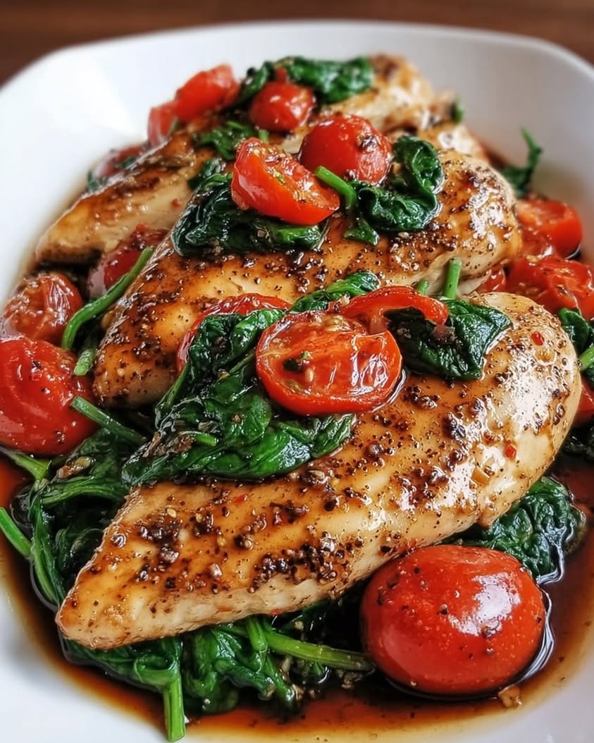One-Pan Balsamic Chicken with Fresh Spinach and Tomatoes 18 balsamic chicken spinach tomatoes