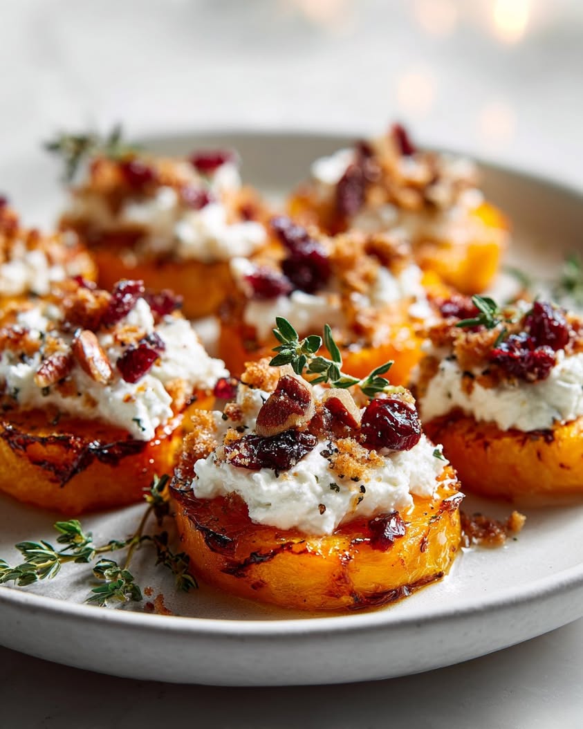 Roasted Butternut Squash Rounds with Ricotta and Pecan Crumble 18 butternut squash ricotta cranberry crumble