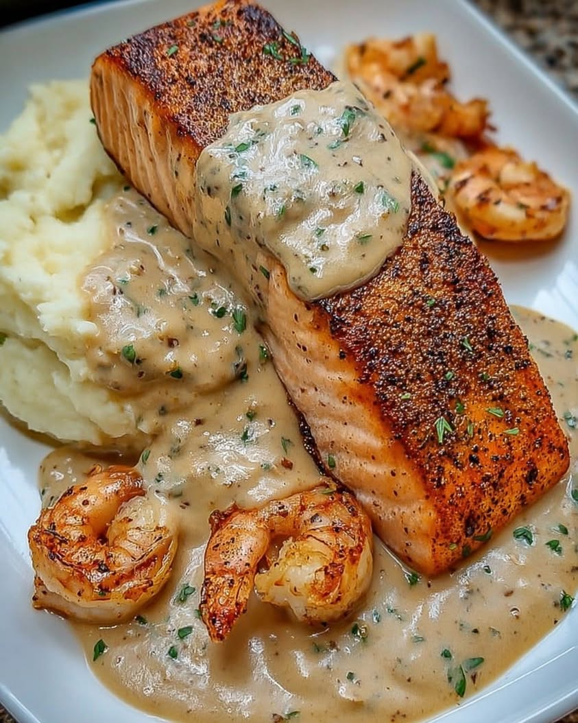 Cajun Salmon and Shrimp with Creamy Mashed Potatoes Recipe 3 cajun salmon shrimp mashed potatoes