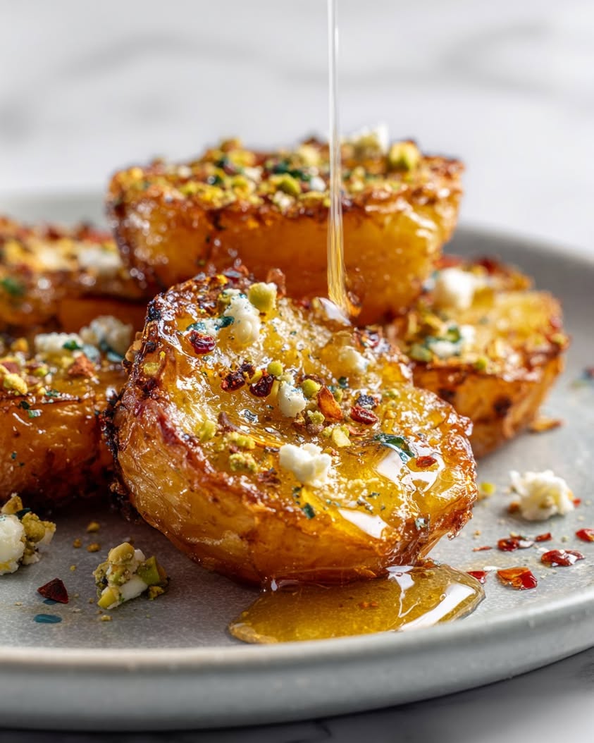 Crispy Chili-Honey Potato Medallions with Feta and Pistachios 20 crispy chili honey potato medallions