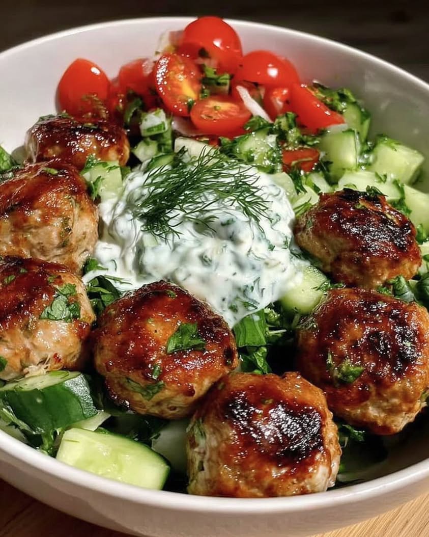Juicy Greek Chicken Meatballs with Creamy Homemade Tzatziki 24 greek chicken meatballs tzatziki