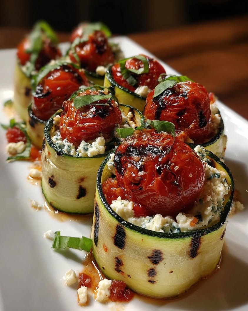 Grilled Zucchini Rollups with Lemon-Basil Ricotta and Roasted Tomatoes 21 grilled zucchini rollups lemon basil ricotta