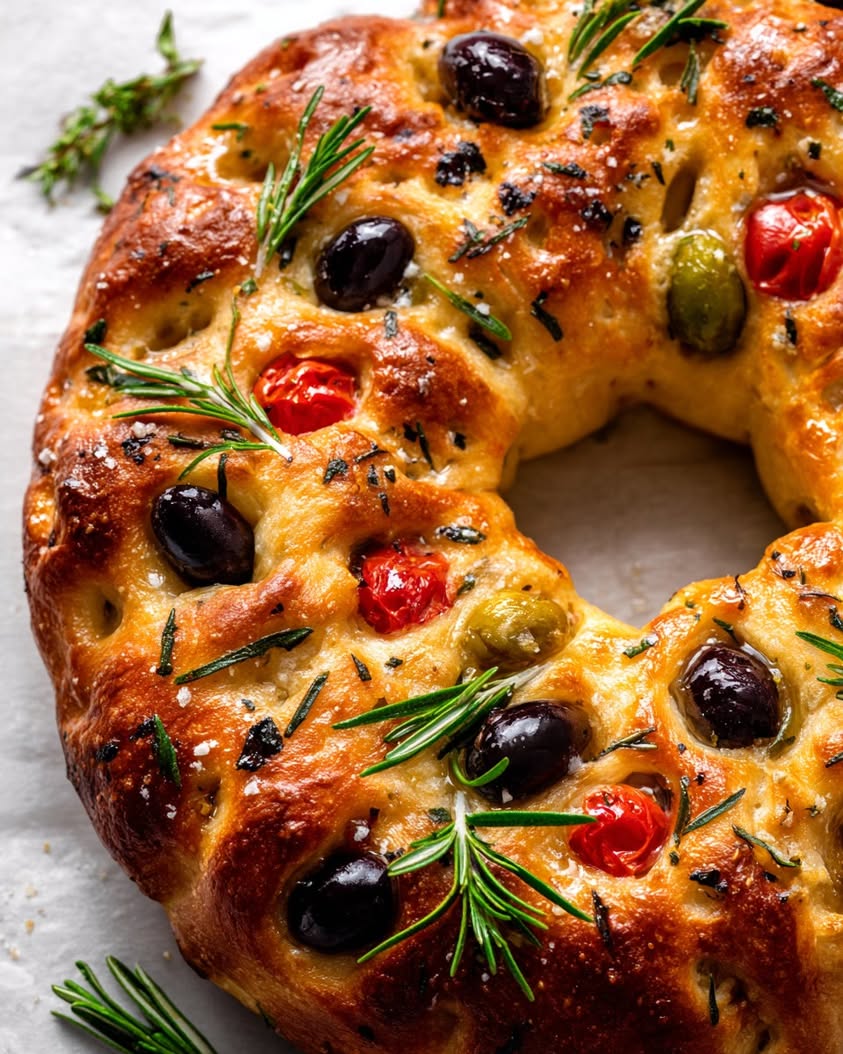 Holiday Focaccia Wreath with Olives and Rosemary Recipe 3 holiday focaccia wreath olives rosemary