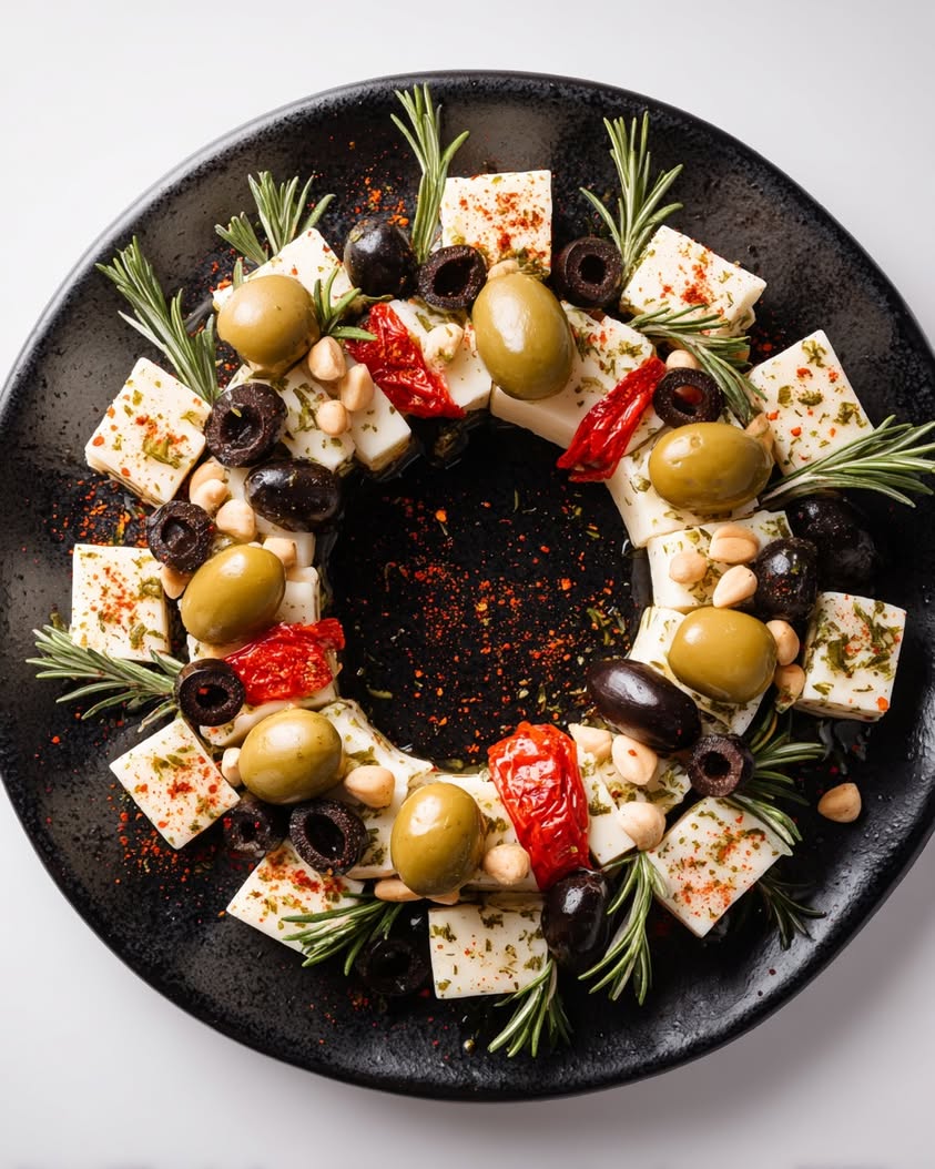 A Festive Spanish Manchego and Piquillo Pepper Wreath 3 manchego piquillo peppers olives wreath