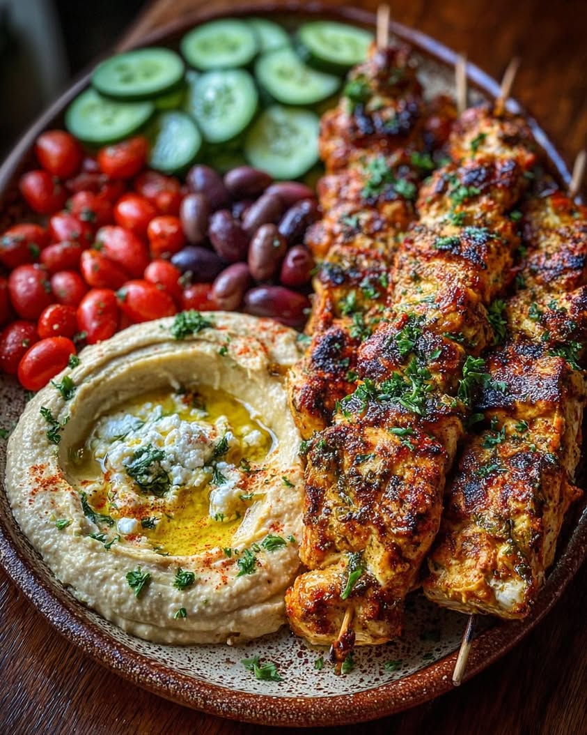 Mediterranean Chicken Skewers with Creamy Homemade Hummus Spread 3 mediterranean chicken skewers hummus