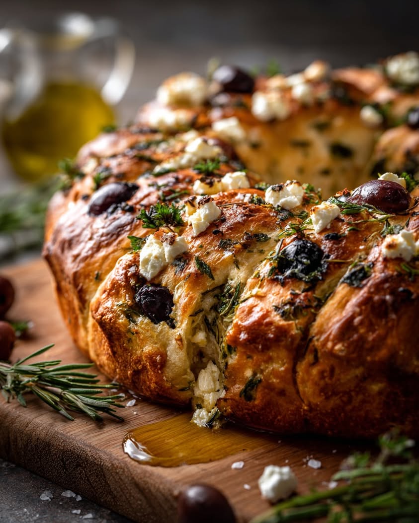 Olive and Feta Stuffed Bread Wreath for Effortless Entertaining 3 olive feta stuffed bread wreath