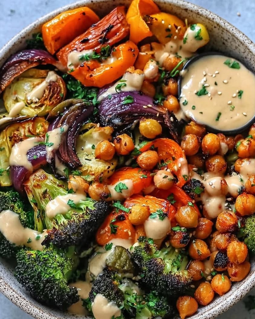 Roasted Veggie & Chickpea Bowls with Maple Tahini Dressing 3 roasted veggie chickpea bowls