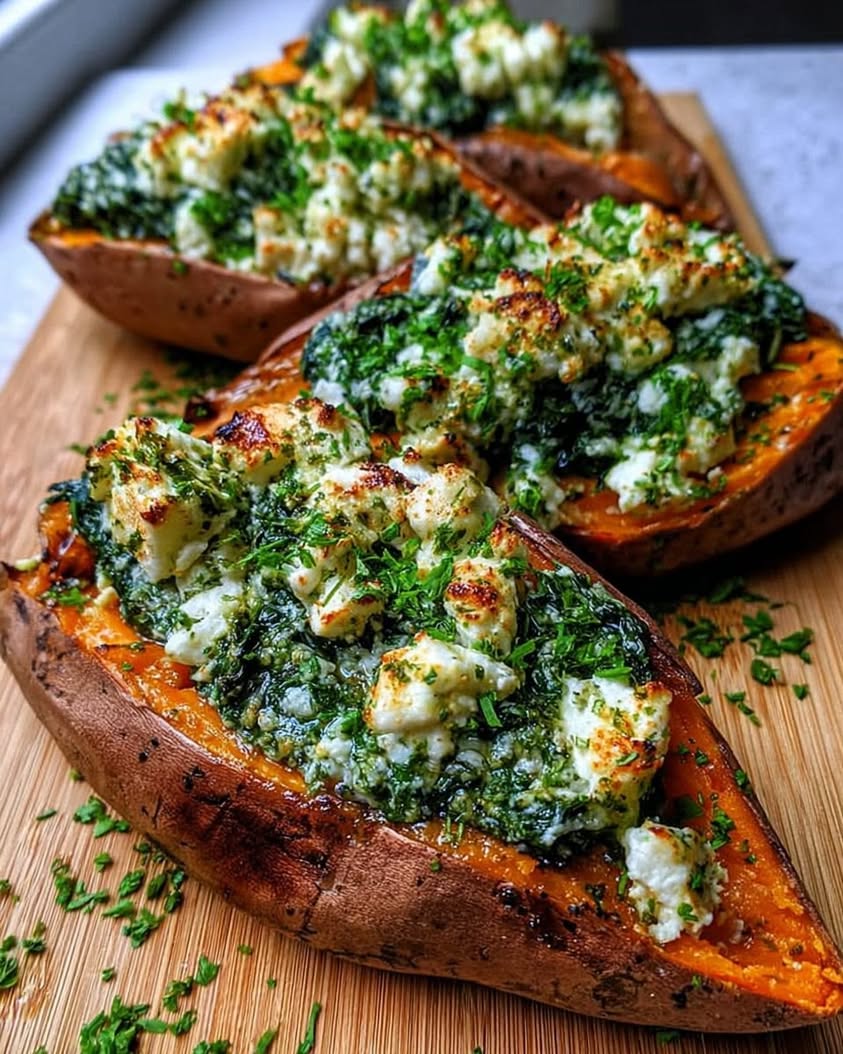 Spinach and Ricotta Stuffed Sweet Potatoes with Herb Drizzle 23 spinach ricotta stuffed sweet potatoes