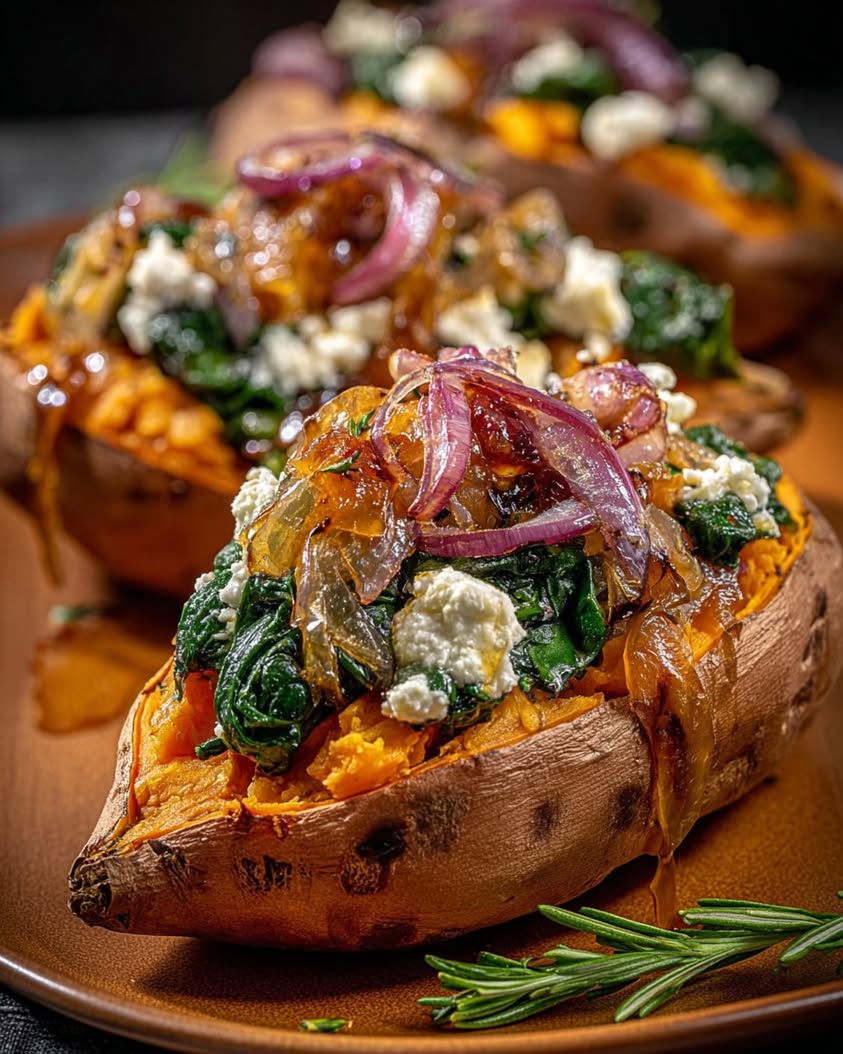 Savory Stuffed Sweet Potatoes with Caramelized Onions and Goat Cheese 3 stuffed sweet potatoes spinach goat cheese