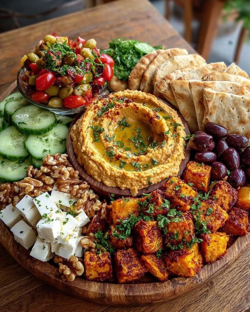 Sweet Potato Hummus Mezze Platter with Feta and Toasted Nuts 3 sweet potato hummus mezze platter