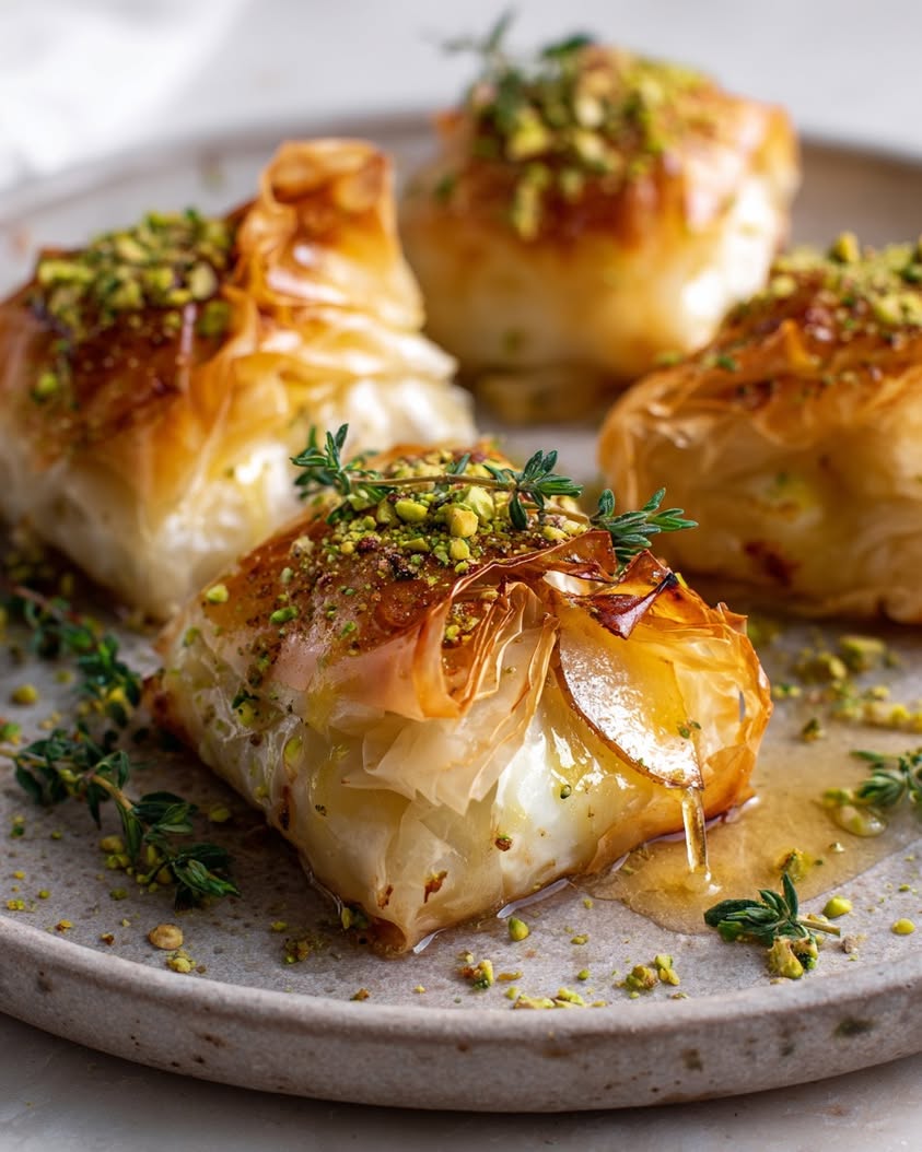 Baked Brie and Pear Phyllo Parcels with Pistachio Dust 18 baked brie pear phyllo parcels