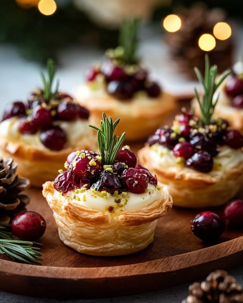 Brie and Cranberry Tartlets with Pistachio Sparkle 15 brie cranberry wreath tartlets